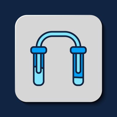Ana hatları doldurulmuş test tüpü ve matara - mavi arka planda kimyasal laboratuvar ikonu izole edildi. Sıvı transfer sistemi. Laboratuvar cam levhası. Vektör