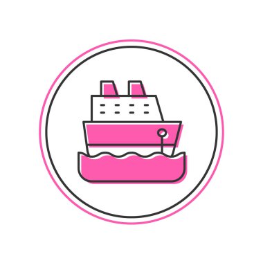 Ana hatları doldurulmuş gemi simgesi beyaz arkaplanda izole edilmiş. Seyahat turizmi deniz taşımacılığı. Yolcu gemisi, yolcu gemisi. Dünya çapında bir gezi. Vektör