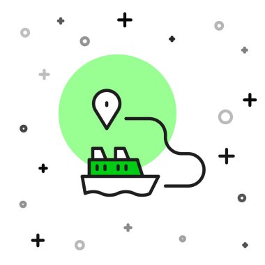 Gemi deniz rotasının ana hatlarıyla dolu başlangıç noktası GPS ve siyah çizgi simgesi beyaz arka planda izole edilmiş. Vektör