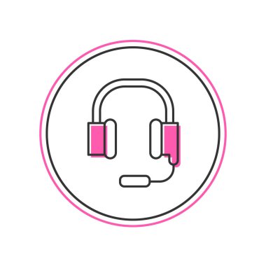 Filled outline Headphones with microphone icon isolated on white background.  Vector