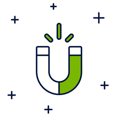 Doldurulmuş ana hatlı Magnet simgesi beyaz arkaplanda izole edildi. At nalı mıknatısı, manyetizma, manyetizma, çekim. Vektör