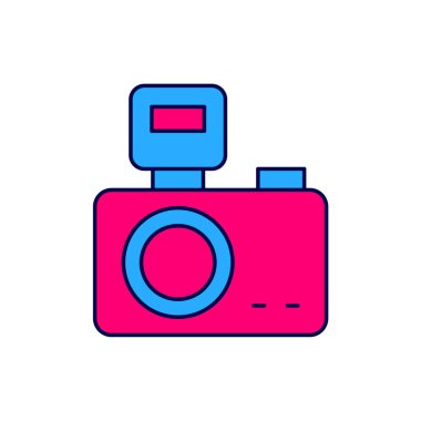 Beyaz arkaplanda izole edilmiş ışık flaş ikonu ile ana hatlı fotoğraf makinesi dolduruldu. Foto kamera. Dijital fotoğrafçılık. Vektör