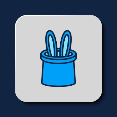 Mavi arka planda izole edilmiş ana hatlı sihirbaz şapkası ve tavşan kulağı ikonu. Sihir numarası. Gizemli eğlence konsepti. Vektör