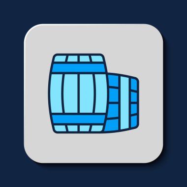 Doldurulmuş ahşap varil ikonu mavi arka planda izole edilmiş. Alkol fıçısı, içki kabı, bira için tahta fıçı, viski, şarap. Vektör