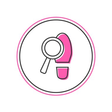 Beyaz arkaplanda izole edilmiş ayak izi simgesiyle ana hatlarıyla büyüteç doldurulmuş. Dedektif araştırıyor. Ayak izlerini takip etmek için. Vektör