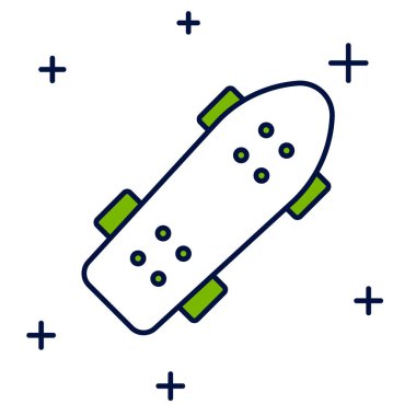 Doldurulmuş ana hatlı kaykay simgesi beyaz arkaplanda izole edildi. Olağanüstü bir spor. Spor malzemeleri. Vektör