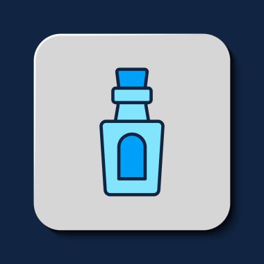 Filled outline Bottle with potion icon isolated on blue background. Flask with magic potion. Happy Halloween party.  Vector