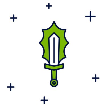 Filled outline Magic sword in fire icon isolated on white background. Fiery sword. Magic weapon of knight, sorcerer, magician. Fire spell. Burning blade.  Vector