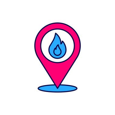 Beyaz arkaplanda izole edilmiş ateş alev ikonu ile ana hatlı harita işaretleyicisi. Yakında yangın var. Vektör