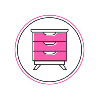 Beyaz arkaplanda izole edilmiş ana hatlı mobilya komodininin simgesi. Vektör