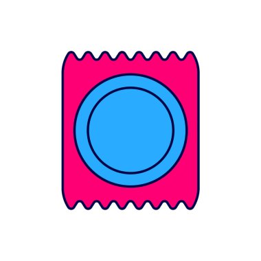 Beyaz arkaplanda izole edilmiş paket simgesiyle doldurulmuş kondom. Güvenli aşk sembolü. Erkekler için doğum kontrol yöntemi. Vektör