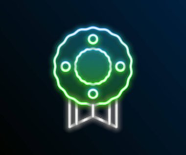 Siyah zemin üzerinde parlayan neon çizgisi çelenk simgesi izole edildi. Cenaze töreni. Renkli taslak konsepti. Vektör