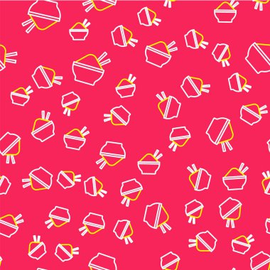 Çubuk ikonu olan bir kasede çizgi pilavı kırmızı arka planda izole edilmiş pürüzsüz desen. Geleneksel Asya yemekleri. Vektör