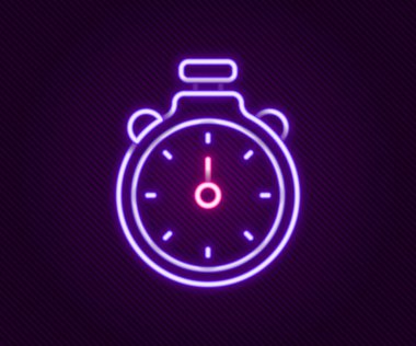 Parlayan neon hattı Stopwatch simgesi siyah arkaplanda izole edildi. Zaman göstergesi. Kronometre işareti. Renkli taslak konsepti. Vektör