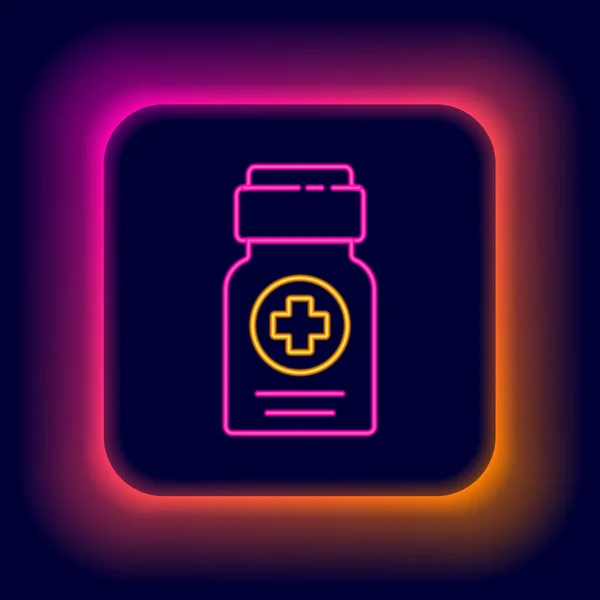 Glödande Neon Line Medicin Flaska Ikon Isolerad Svart Bakgrund Pillertecken — Stock vektor