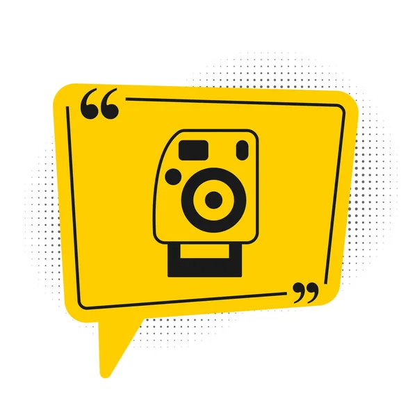 stock vector Black Photo camera icon isolated on white background. Foto camera. Digital photography. Yellow speech bubble symbol. Vector.