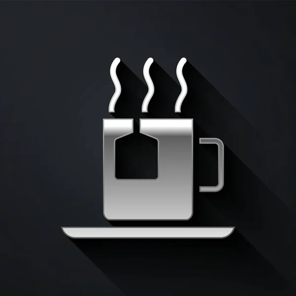 银杯茶与茶袋图标分离的黑色背景 长影子风格 — 图库矢量图片