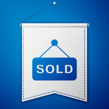 Mavi asma işareti mavi arkaplanda izole edilmiş metin simgesi satıldı. Açık arttırma satıldı. Tabela satıldı. Teklif konsepti. Açık arttırma yarışması. Beyaz flama şablonu. Vektör