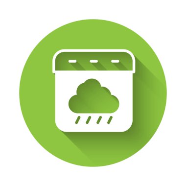 Beyaz Takvim sonbahar simgesi uzun gölge arkaplan izole. Olay hatırlatma sembolü. Yeşil daire düğmesi. Vektör