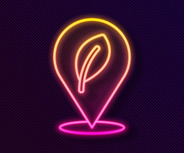 Siyah zemin üzerinde yaprak simgesi olan parlak neon çizgisi konumu. Çevre enerjisi kavramı. Alternatif enerji kavramı. Vektör.