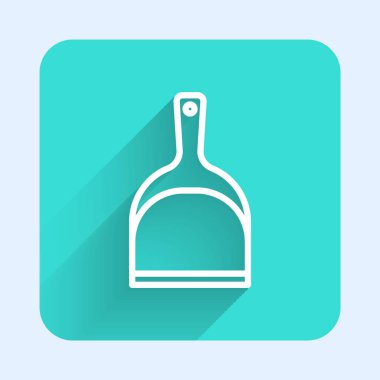 Beyaz çizgi faraş simgesi uzun gölge arkaplanı ile izole edildi. Temizlik işleri. Yeşil kare düğmesi. Vektör