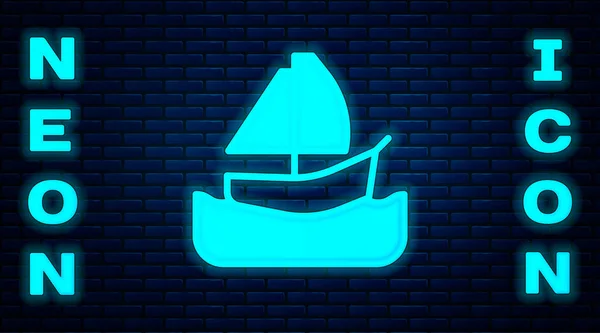 Leuchtende Neon Yacht Segelboot Oder Segelschiff Symbol Isoliert Auf Backsteinwand — Stockvektor