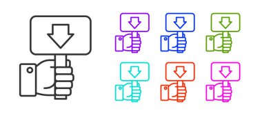 Beyaz arka planda siyah çizgili Hand açık arttırma raketi simgesi var. Teklif konsepti. Açık arttırma yarışması. BID yazıtları olan el kaldırma işaretleri. Simgeleri renklendirin. Vektör