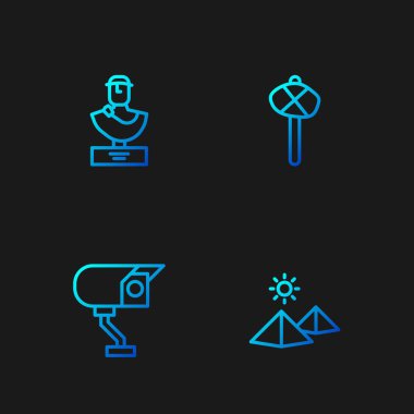 Mısır piramitleri, güvenlik kamerası, Kadim büstü heykel ve taş devrinden kalma çekiç. Renk simgeleri. Vektör