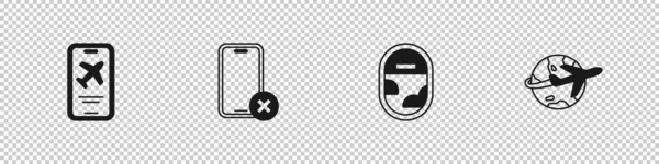 Cep telefonu yok, uçak penceresi ve Globe ikonu. Vektör