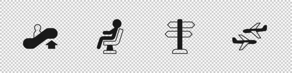 Rolltreppe Aufstellen Mensch Wartet Flughafenterminal Verkehrszeichen Und Flugzeug Symbol Vektor — Stockvektor
