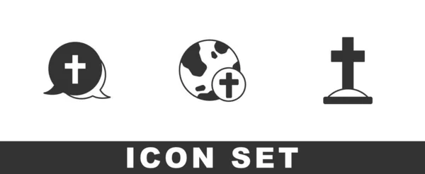 Set Croix Chrétienne Avec Globe Icône Tombe Vecteur — Image vectorielle