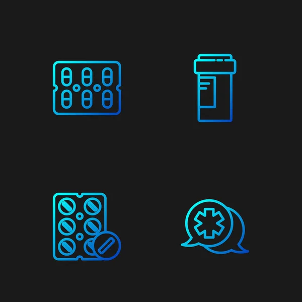 设置线对话与医生 药丸在水泡包和药瓶 明亮的色彩图标 — 图库矢量图片
