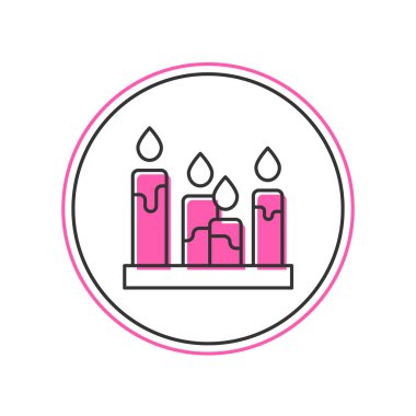 Doldurulmuş Yanan Mum simgesi beyaz arkaplanda izole edildi. Silindirik aromatik mum çubuğu ve yanan ateş. Mutlu Cadılar Bayramı Partisi. Vektör