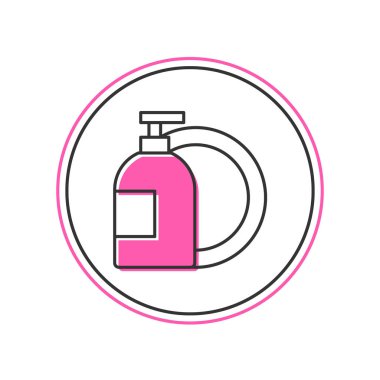 Beyaz arka planda izole edilmiş bulaşık deterjanı şişesi ve tabak ikonu dolu. Bulaşık yıkamak için sıvı deterjan. Vektör