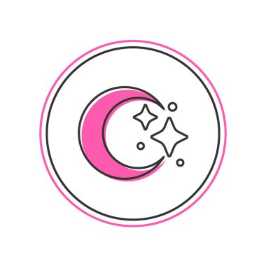 Doldurulmuş Ay ve yıldız simgesi beyaz arkaplanda izole edildi. Bulutlu gece işareti. Uyku rüyalarının sembolü. Dolunay. Gece ya da yatak zamanı tabelası. Vektör