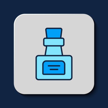 Filled outline Bottle with potion icon isolated on blue background. Flask with magic potion. Happy Halloween party.  Vector