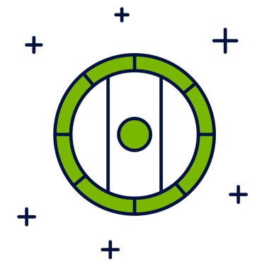 Beyaz arka planda izole edilmiş ana hatlı kalkan Viking simgesi. Yuvarlak ahşap kalkan. Güvenlik, güvenlik, koruma, mahremiyet, koruma kavramı. Vektör