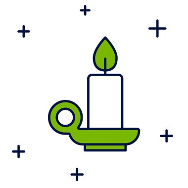 Beyaz arkaplanda izole edilmiş şamdan ikonunda yanan mum. Silindirik mum çubuğu ve yanan ateş. Vektör