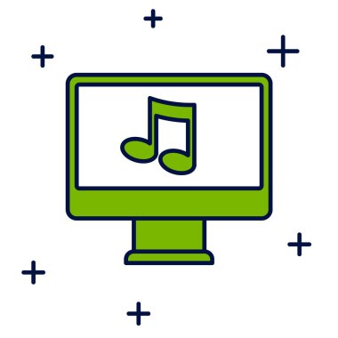 Filled outline Computer with music note symbol on screen icon isolated on white background.  Vector