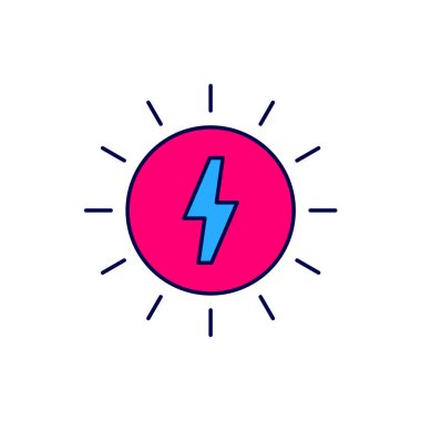 Beyaz arkaplanda izole edilmiş ana hatlı Güneş enerjisi simgesi. Yıldırım sembollü güneş. Vektör