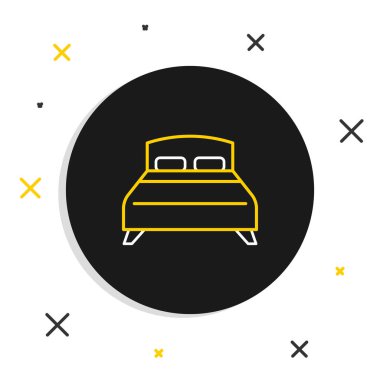 Beyaz arka planda izole edilmiş iki ya da bir kişilik büyük bir yatak. Renkli taslak konsepti. Vektör