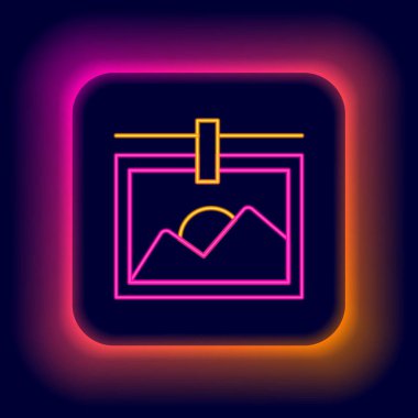 Parlayan neon çizgisi Resim çerçeve simgesi siyah arkaplanda izole edildi. Vintage boş fotoğraf çerçevesi. Renkli taslak konsepti. Vektör