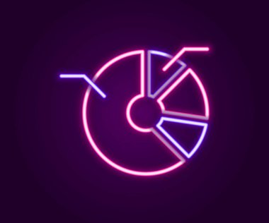 Parlayan neon hattı pasta grafiği bilgi simgesi siyah arkaplanda izole edildi. Diyagram çizelgesi. Renkli taslak konsepti. Vektör
