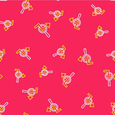 Line Magnifying glass and data analysis icon isolated seamless pattern on red background. Search sign.  Vector