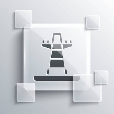 Gri Elektrik Kulesi, gri arka planda izole edilmiş bir üstten güç hattı ikonunu desteklemek için kullanılır. Yüksek voltajlı elektrik direği hattı. Kare cam paneller. Vektör