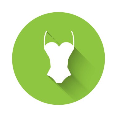 Beyaz Yaz plaj mayo ikonu uzun gölge arkaplan izole. Plaj kadını modası. Yeşil daire düğmesi. Vektör