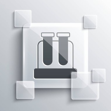 Gri test tüpü ve kimyasal test ikonu gri arka planda izole edildi. Laboratuvar cam levhası. Kare cam paneller. Vektör