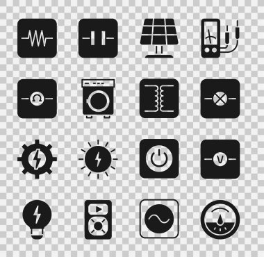 Elektrik sayacı, voltmetre, elektrik devresi lambası, güneş enerjisi paneli, Yıkama, Ohmmeter, Direnç ve Elektrik trafo simgesini ayarla. Vektör