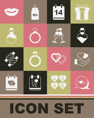 Konuşma baloncuğu metni seni seviyorum, elimde kalp, iksirli şişe, takvim 14 Şubat, alyans, gülen dudaklar ve şampanya ikonu. Vektör