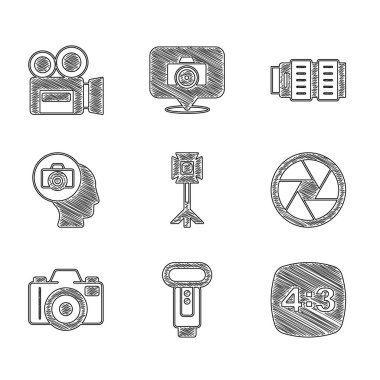 Stüdyo ampulünü softbox, fotoğraf makinesi flaşı, çerçeve 4, kamera deklanşörü, fotoğraf lensi ve Retro sinema ikonuna ayarla. Vektör